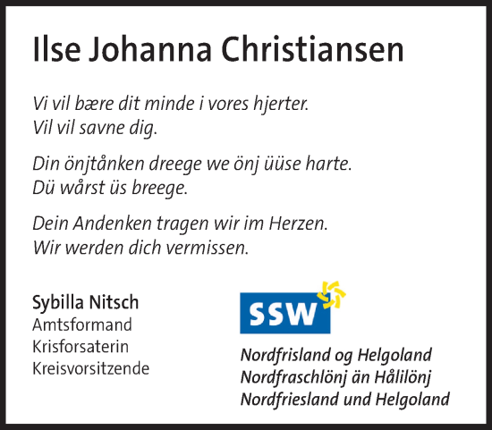 Traueranzeige von Ilse Johanna Christiansen von Region Westküste