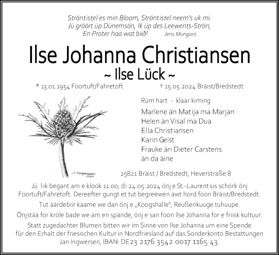 Traueranzeige von Ilse Johanna Christiansen von Region Westküste