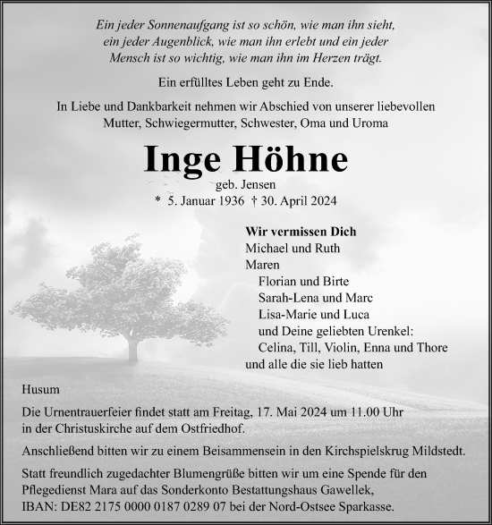 Traueranzeige von Inge Höhne von Husumer Nachrichten, Nordfriesland Tageblatt