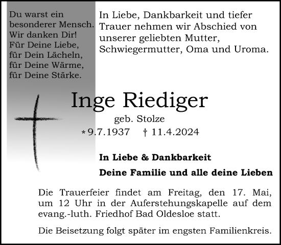 Traueranzeige von Inge Riediger von Stormaner Tageblatt