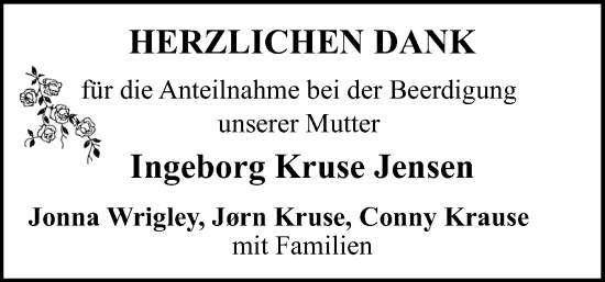 Traueranzeige von Ingeborg Kruse Jensen von Flensburger Tageblatt