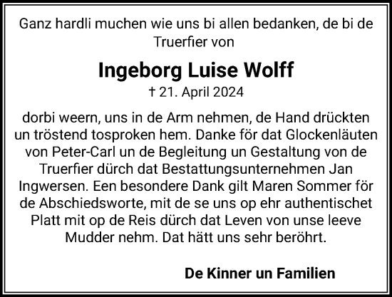 Traueranzeige von Ingeborg Luise Wolff von Husumer Nachrichten, Nordfriesland Tageblatt