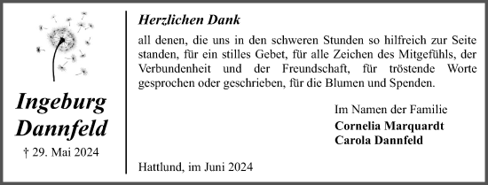 Traueranzeige von Ingeburg Dannfeld von Flensburger Tageblatt