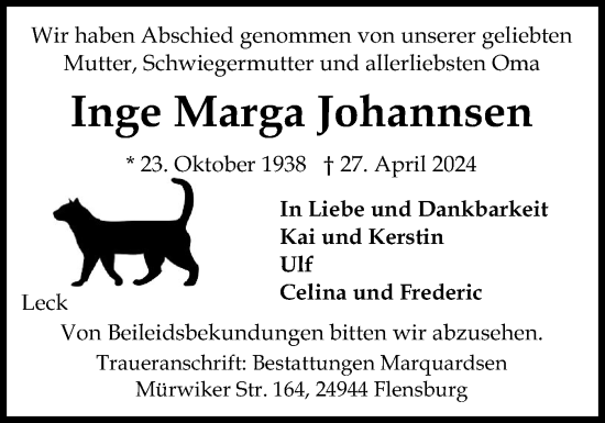 Traueranzeige von Inge Marga Johannsen von Husumer Nachrichten, Nordfriesland Tageblatt