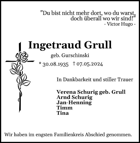 Traueranzeige von Ingetraud Grull von Elmshorner Nachrichten, Barmstedter Zeitung