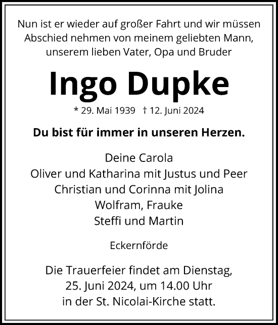 Traueranzeige von Ingo Dupke von Eckernförder Zeitung, Hallo Eckernförde