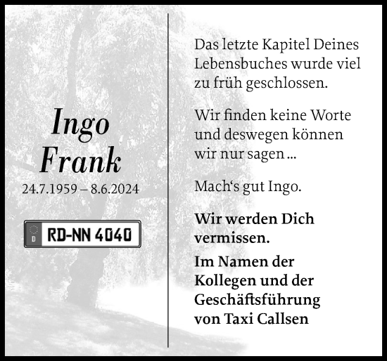 Traueranzeige von Ingo Frank von Schleswig-Holsteinische Landeszeitung