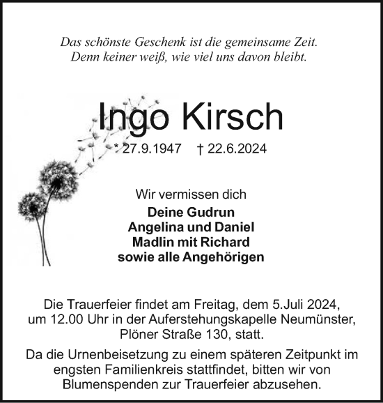 Traueranzeige von Ingo Kirsch von Holsteinischer Courier