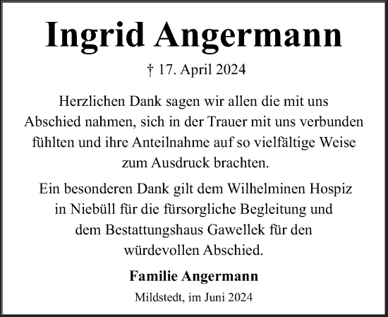 Traueranzeige von Ingrid Angermann von Husumer Nachrichten, Nordfriesland Tageblatt