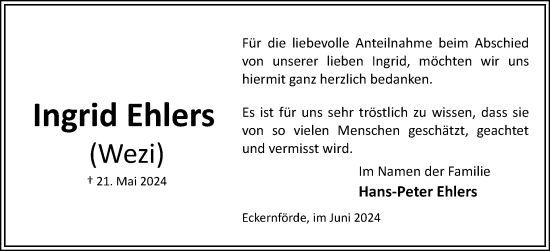 Traueranzeige von Ingrid Ehlers von Eckernförder Zeitung, Hallo Eckernförde
