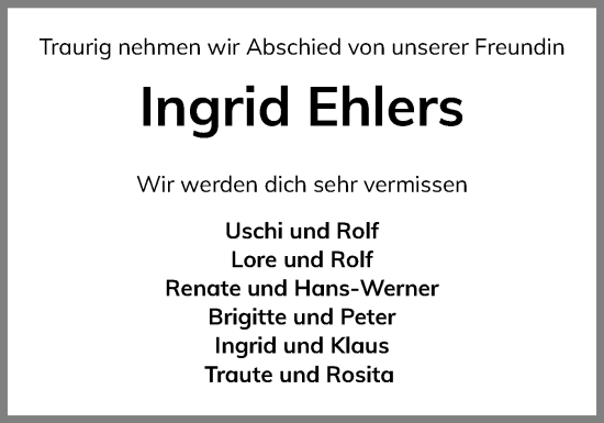 Traueranzeige von Ingrid Ehlers von Eckernförder Zeitung, Hallo Eckernförde