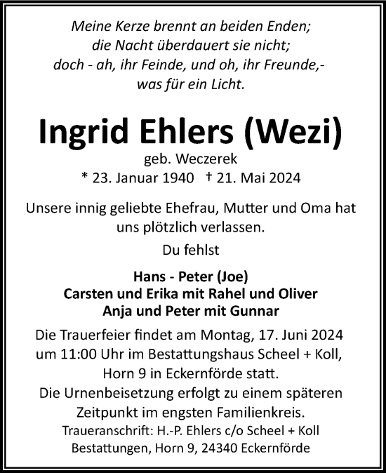 Traueranzeige von Ingrid Ehlers von Eckernförder Zeitung, Hallo Eckernförde