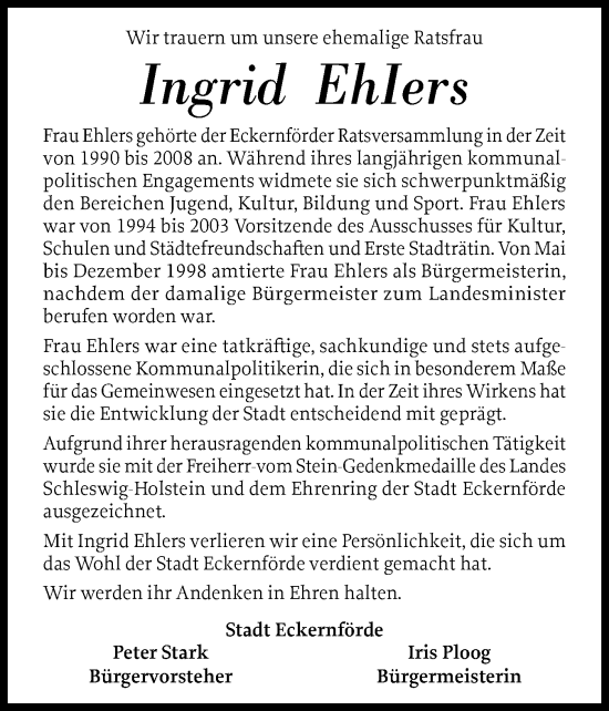 Traueranzeige von Ingrid Ehlers von Eckernförder Zeitung, Hallo Eckernförde