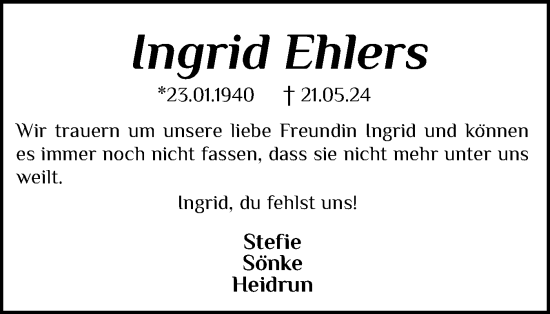 Traueranzeige von Ingrid Ehlers von Eckernförder Zeitung, Hallo Eckernförde