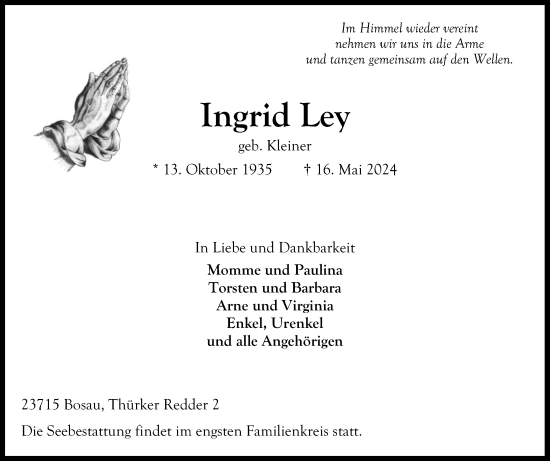 Traueranzeige von Ingrid Ley von Ostholsteiner Anzeiger