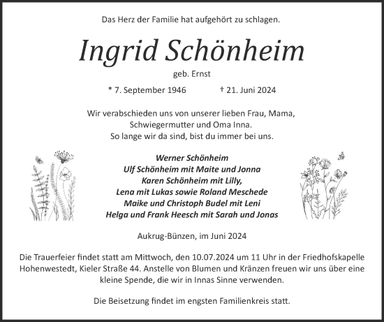 Traueranzeige von Ingrid Schönheim von Schleswig-Holsteinische Landeszeitung