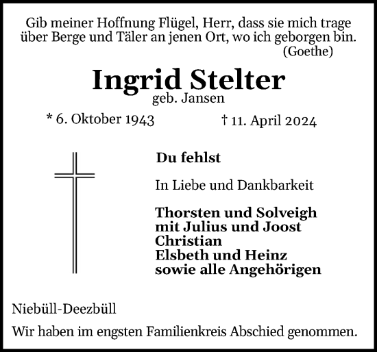 Traueranzeige von Ingrid Stelter von Husumer Nachrichten, Nordfriesland Tageblatt