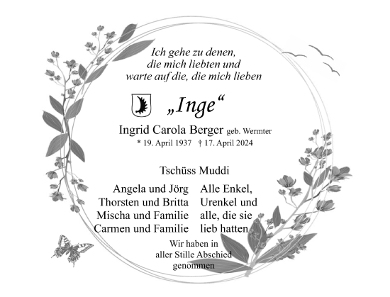 Traueranzeige von Ingrid Carola Berger von Uetersener Nachrichten, Der tip am Wochenende