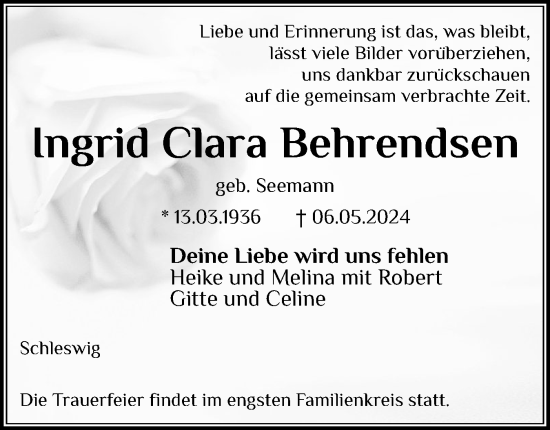 Traueranzeige von Ingrid Clara Behrendsen von Schleswiger Nachrichten, Schlei-Bote