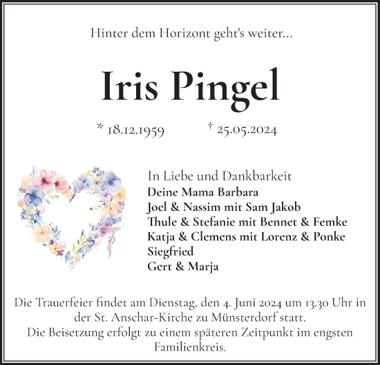 Traueranzeige von Iris Pingel von Norddeutsche Rundschau, Wilstersche Zeitung, Glückstädter Fortuna