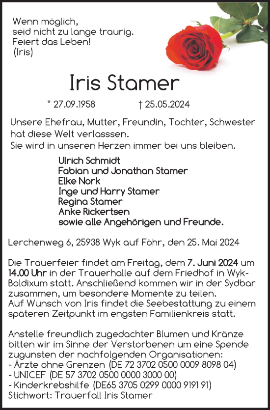Traueranzeige von Iris Stamer von Der Insel-Bote