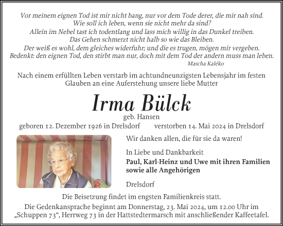 Traueranzeige von Irma Bülck von Husumer Nachrichten, Nordfriesland Tageblatt