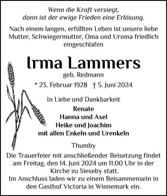 Traueranzeige von Irma Lammers von Eckernförder Zeitung