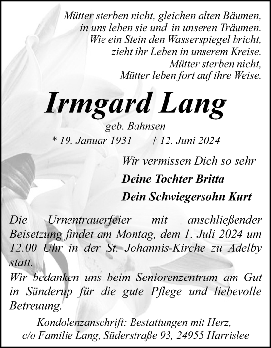 Traueranzeige von Irmgard Lang von Flensburger Tageblatt