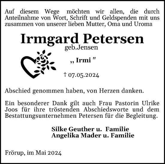Traueranzeige von Irmgard Petersen von Flensburger Tageblatt