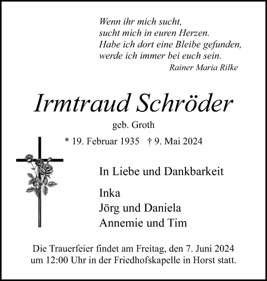 Traueranzeige von Irmtraud Schröder von Norddeutsche Rundschau, Wilstersche Zeitung, Glückstädter Fortuna
