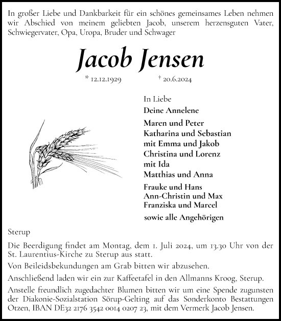 Traueranzeige von Jacob Jensen von Flensburger Tageblatt