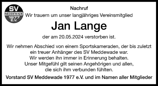 Traueranzeige von Jan Lange von Stormaner Tageblatt