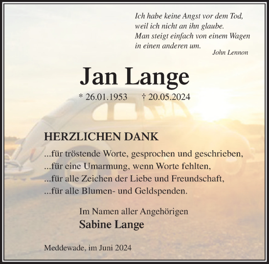 Traueranzeige von Jan Lange von Stormaner Tageblatt