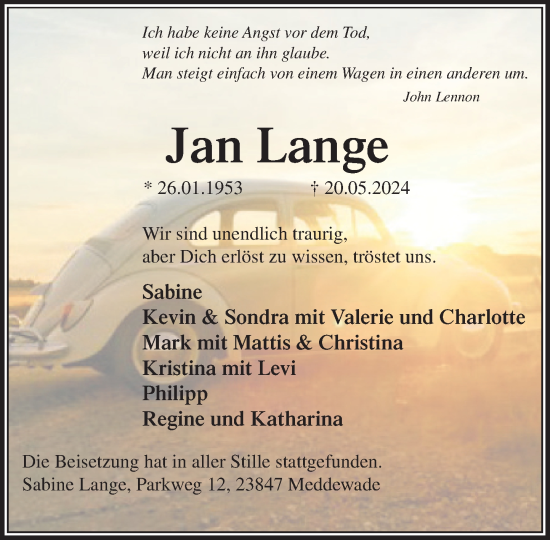 Traueranzeige von Jan Lange von Stormaner Tageblatt
