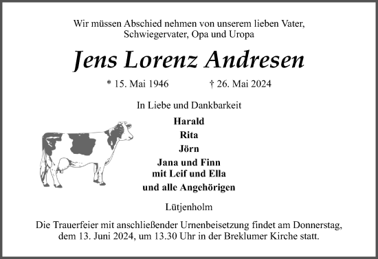 Traueranzeige von Jens Lorenz Andresen von Husumer Nachrichten, Nordfriesland Tageblatt