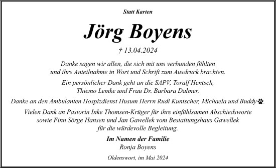 Traueranzeige von Jörg Boyens von Husumer Nachrichten, Nordfriesland Tageblatt