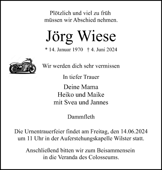 Traueranzeige von Jörg Wiese von Norddeutsche Rundschau, Wilstersche Zeitung, Glückstädter Fortuna