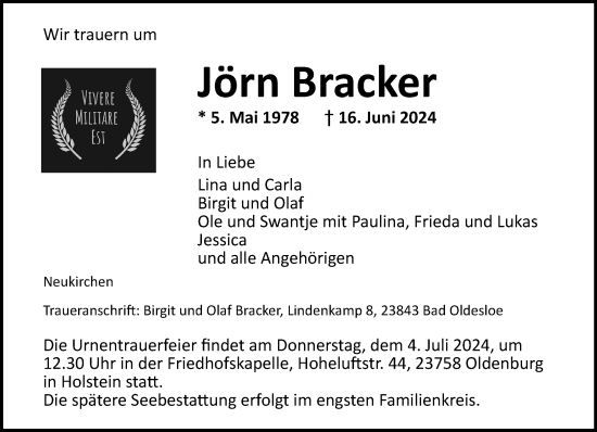 Traueranzeige von Jörn Bracker von Stormaner Tageblatt
