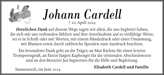 Traueranzeige von Johann Cardell von Husumer Nachrichten, Nordfriesland Tageblatt