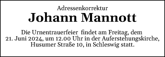Traueranzeige von Johann Mannott von Schleswiger Nachrichten, Schlei-Bote
