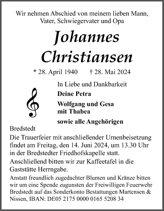 Traueranzeige von Johannes Christiansen von Husumer Nachrichten, Nordfriesland Tageblatt