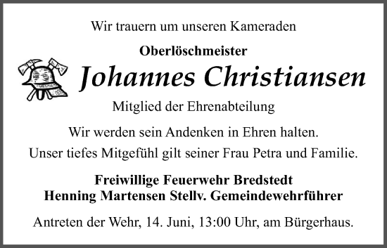 Traueranzeige von Johannes Christiansen von Husumer Nachrichten, Nordfriesland Tageblatt