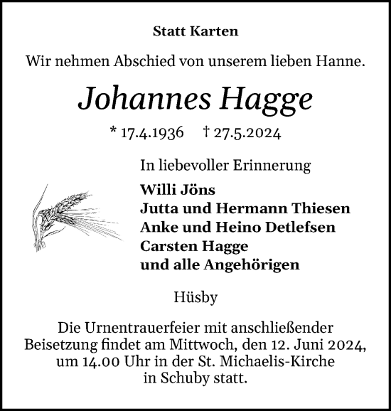 Traueranzeige von Johannes Hagge von Schleswiger Nachrichten, Schlei-Bote