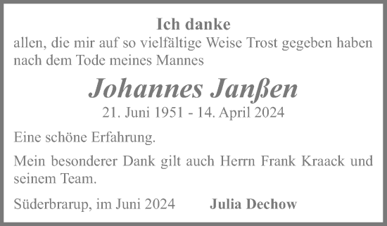 Traueranzeige von Johannes Janßen von Schleswiger Nachrichten, Schlei-Bote