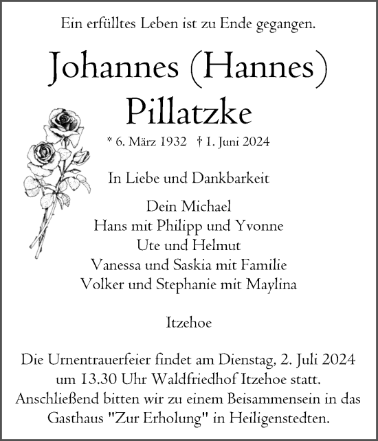 Traueranzeige von Johannes Pillatzke von Norddeutsche Rundschau, Wilstersche Zeitung, Glückstädter Fortuna