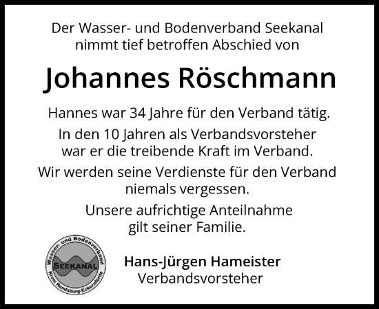 Traueranzeige von Johannes Röschmann von Schleswig-Holsteinische Landeszeitung