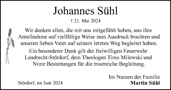 Traueranzeige von Johannes Sühl von Norddeutsche Rundschau, Wilstersche Zeitung, Glückstädter Fortuna