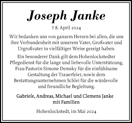 Traueranzeige von Joseph Janke von Norddeutsche Rundschau, Wilstersche Zeitung, Glückstädter Fortuna