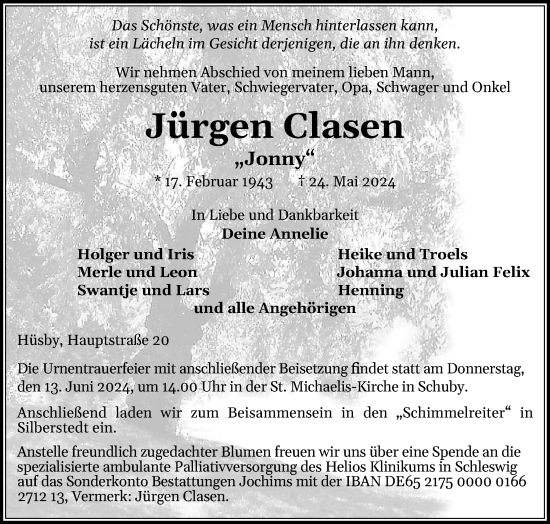 Traueranzeige von Jürgen Clasen von Schleswiger Nachrichten, Schlei-Bote