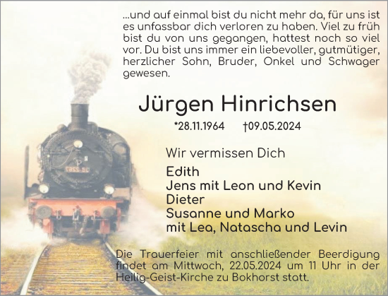 Traueranzeige von Jürgen Hinrichsen von Holsteinischer Courier